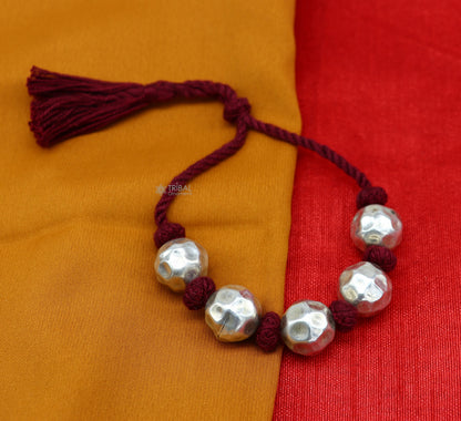 Sterling silver vintage beaded bracelet with adjustable design, tribal style, perfect for brides and wedding ethnic jewelry.