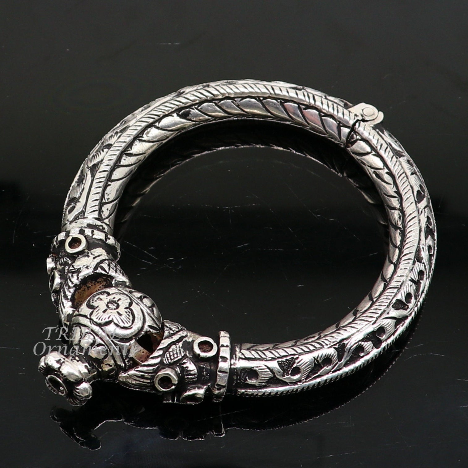 925 sterling silver handmade chitai work crocodile face fabulous handcrafted work vintage bangle bracelet kada, bridesmaid gifting nsk543 - TRIBAL ORNAMENTS