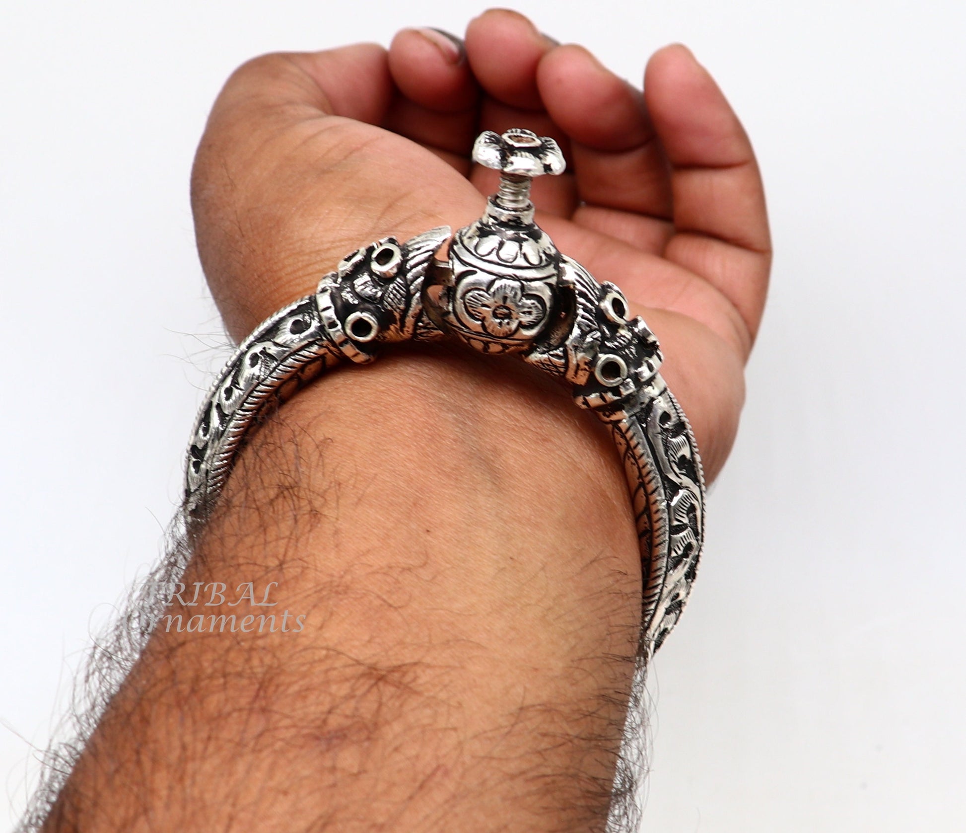 925 sterling silver handmade chitai work crocodile face fabulous handcrafted work vintage bangle bracelet kada, bridesmaid gifting nsk543 - TRIBAL ORNAMENTS