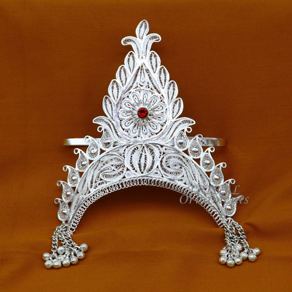 Sterling silver vintage handmade mukut crown with intricate design, ideal for home temple or deity decor by Tribal Ornaments.