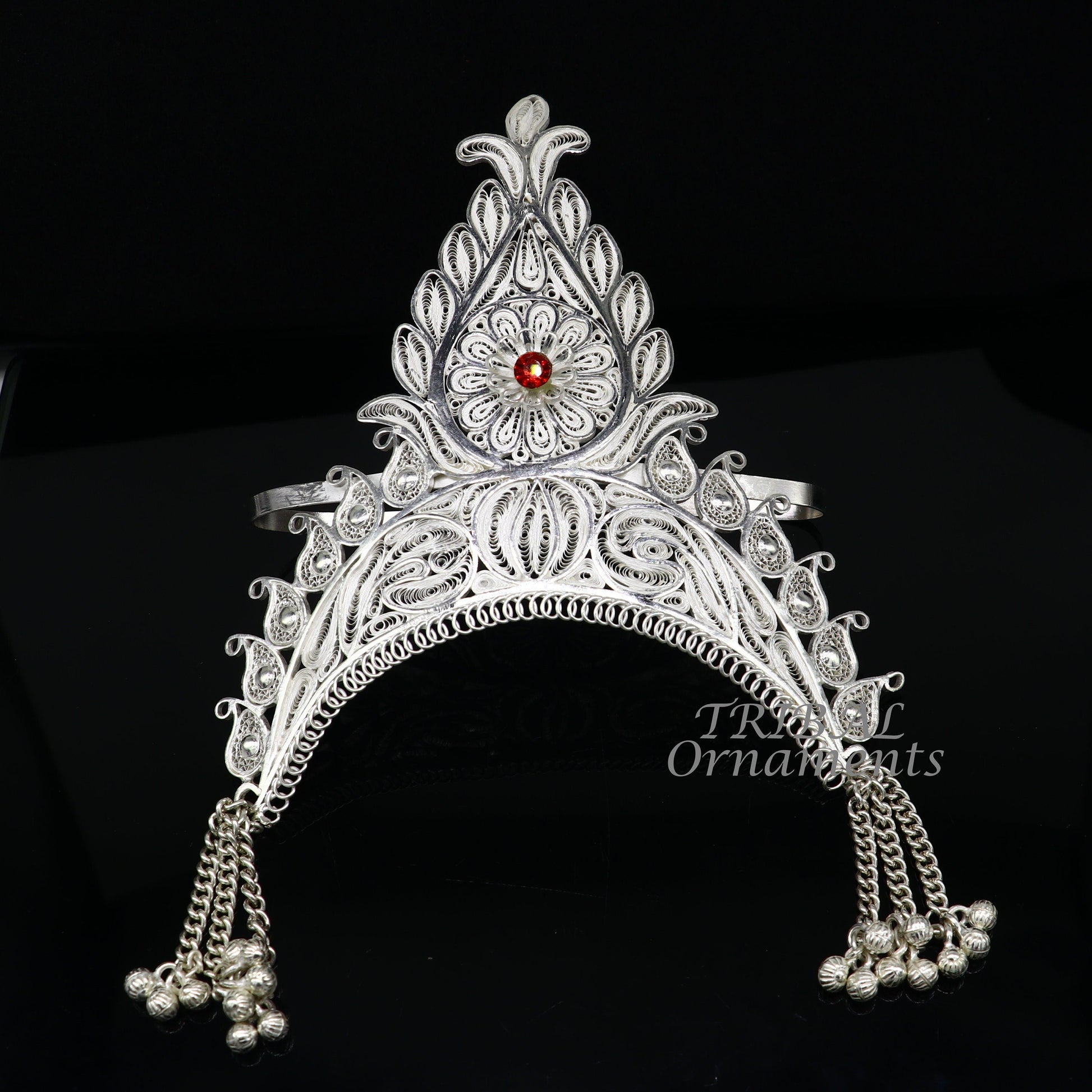 925 sterling silver vintage design handmade mukut (crown), amazing stylish work design silver god crown home temple god article art su973 - TRIBAL ORNAMENTS