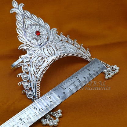 925 sterling silver vintage handmade mukut crown with intricate stylish design, ideal for home temple or deity decoration.