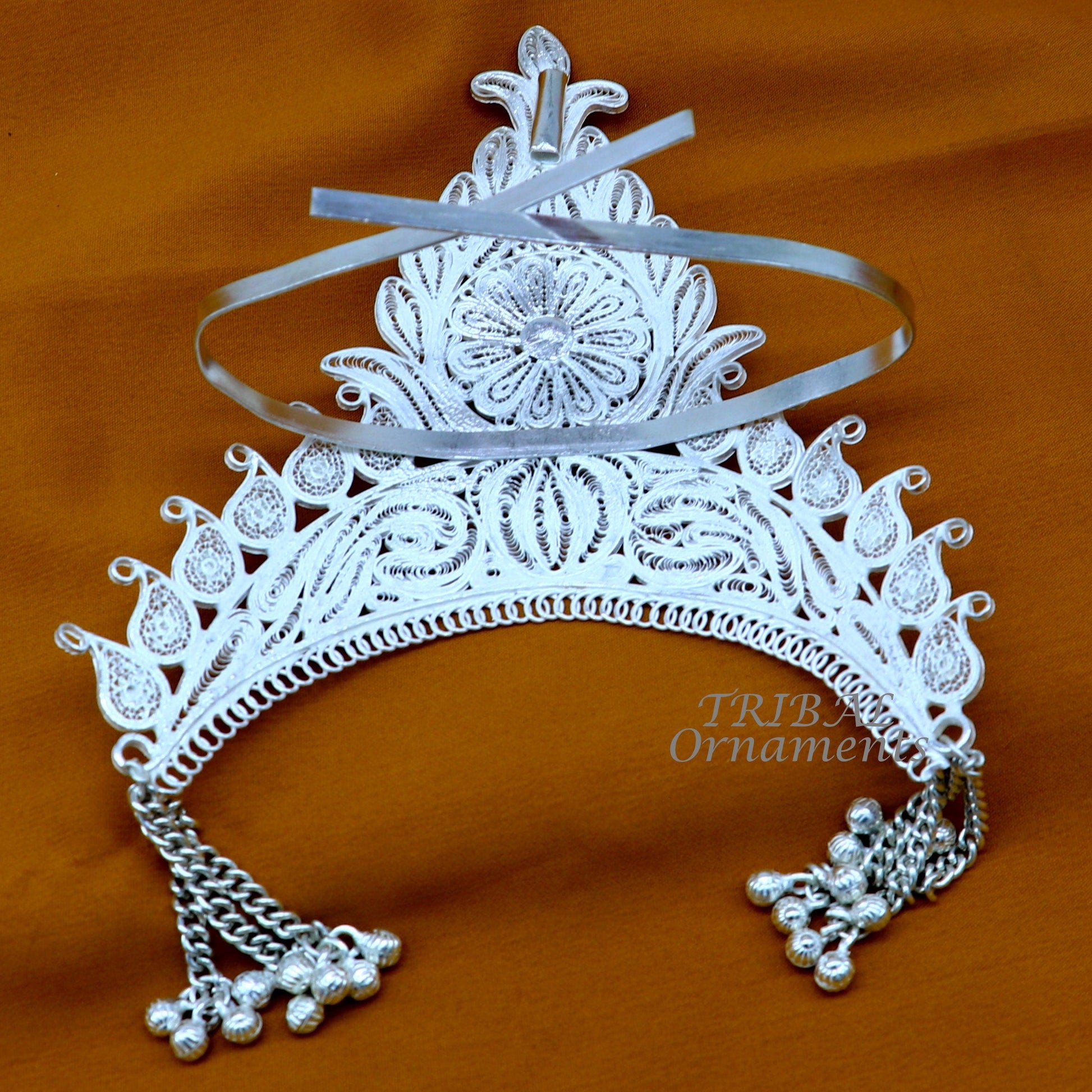 925 sterling silver vintage design handmade mukut (crown), amazing stylish work design silver god crown home temple god article art su973 - TRIBAL ORNAMENTS