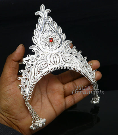 Sterling silver vintage handmade mukut crown with stylish design, ideal for home temple and religious art displays.
