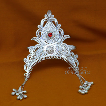 Sterling silver vintage handmade mukut crown with intricate design, suitable for home temple or decorative art, by TRIBAL ORNAMENTS.