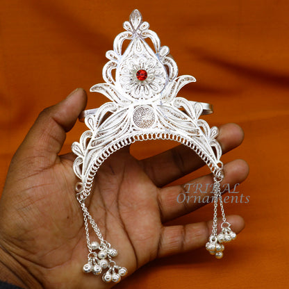 925 sterling silver vintage handmade mukut crown with intricate stylish design for home temple and deity worship.