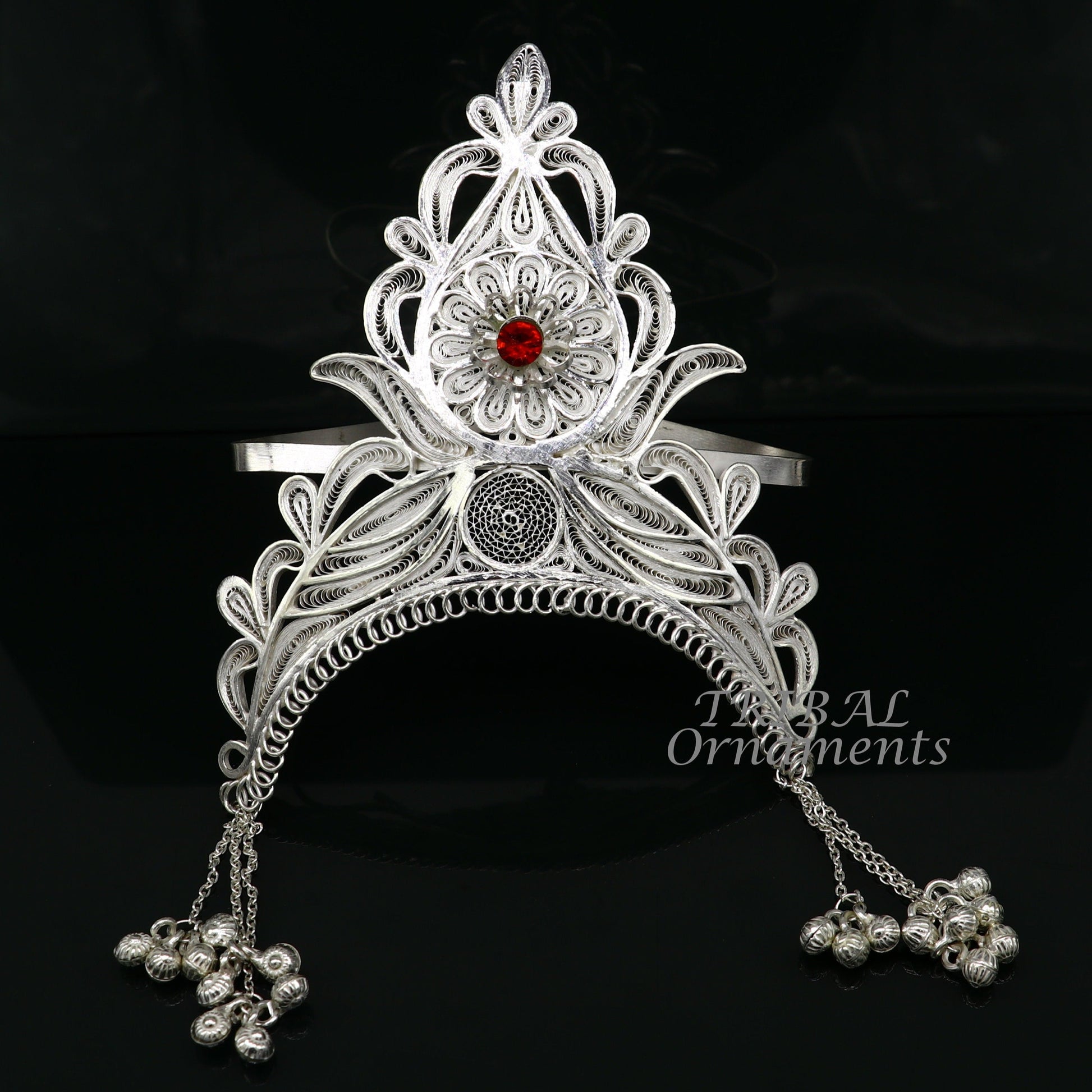 925 sterling silver vintage design handmade mukut (crown), amazing stylish work design silver god crown home temple god article art su974 - TRIBAL ORNAMENTS