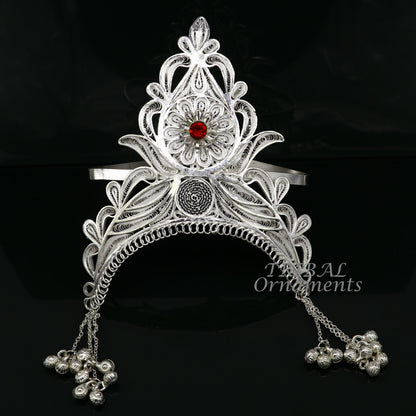 Sterling silver vintage handmade mukut crown with intricate design, ideal for home temple or as a decorative spiritual ornament.