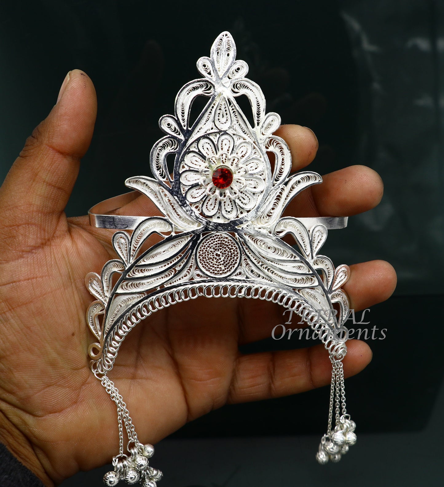 925 sterling silver vintage design handmade mukut (crown), amazing stylish work design silver god crown home temple god article art su974 - TRIBAL ORNAMENTS
