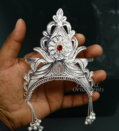 Sterling silver vintage handmade mukut crown with intricate design, ideal for home temple or as a decorative god crown art piece.