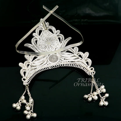 Sterling silver vintage handmade mukut crown with intricate tribal design, ideal for home temple deities and spiritual decor.