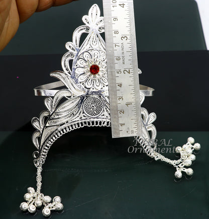 Sterling silver vintage handmade mukut crown with intricate tribal design, ideal for home temple or deity decor.