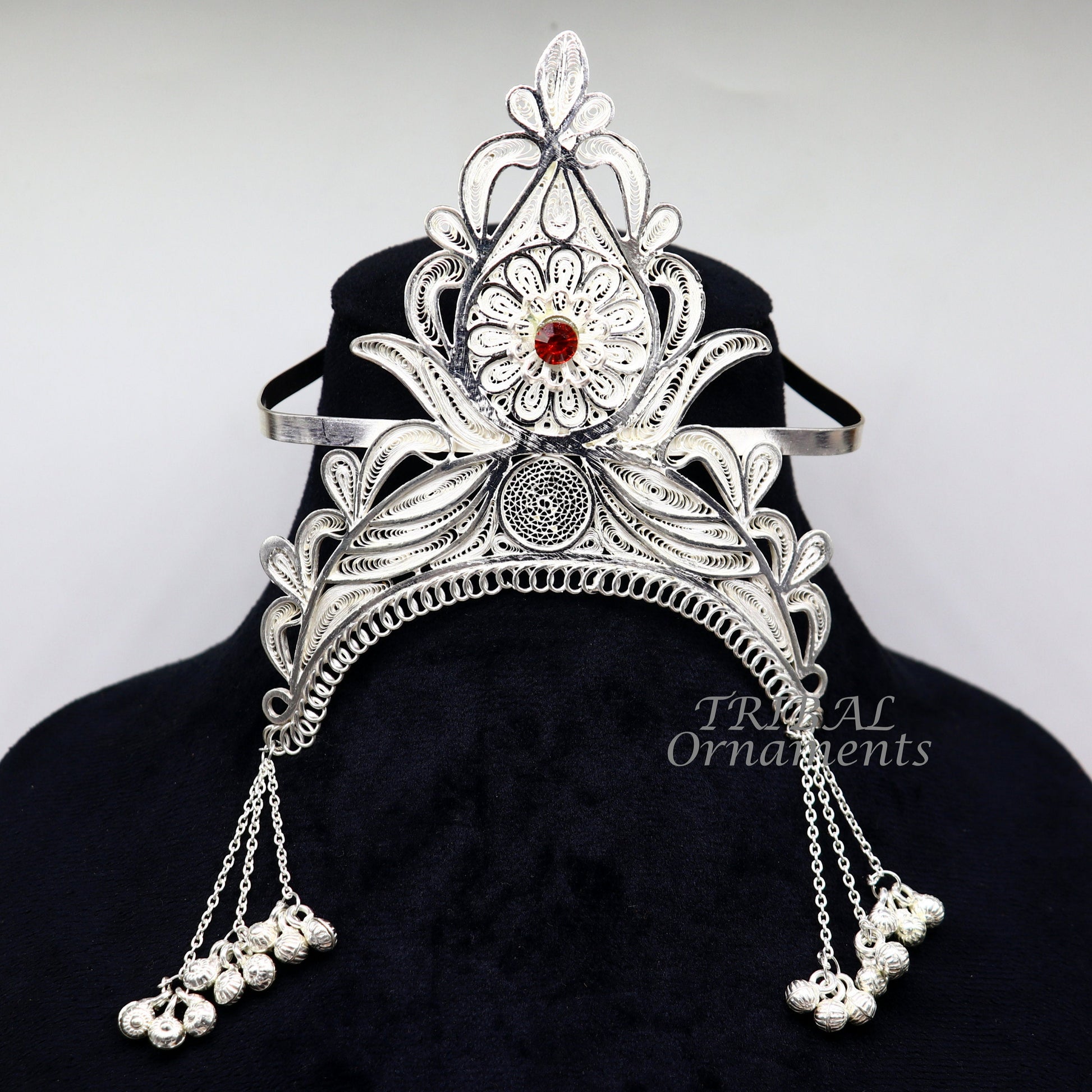 925 sterling silver vintage design handmade mukut (crown), amazing stylish work design silver god crown home temple god article art su974 - TRIBAL ORNAMENTS