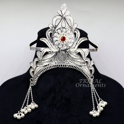 Vintage 925 sterling silver handmade mukut crown with intricate stylish design, ideal for home temple or god idol decoration.