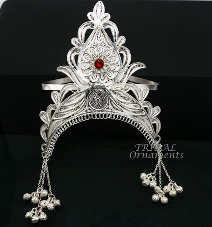 Sterling silver vintage handmade mukut crown with intricate design, ideal for home temple or deity decoration.