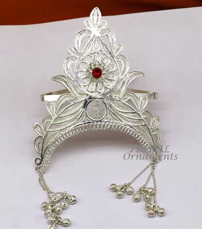 Handmade 925 sterling silver vintage mukut crown with intricate traditional design, ideal for home temple or deity worship.