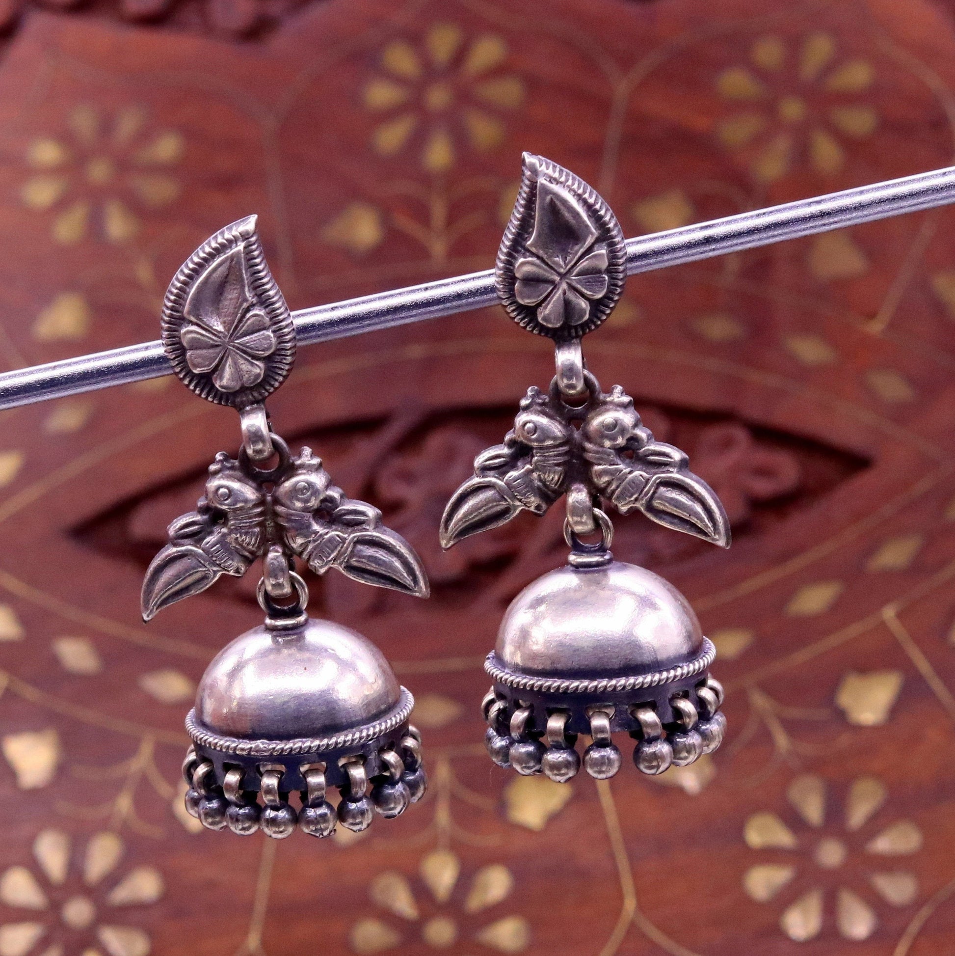 925 sterling silver vintage handmade parrot stud earring with tribal design, lightweight bird motif jewelry for tribal dance and fashion.
