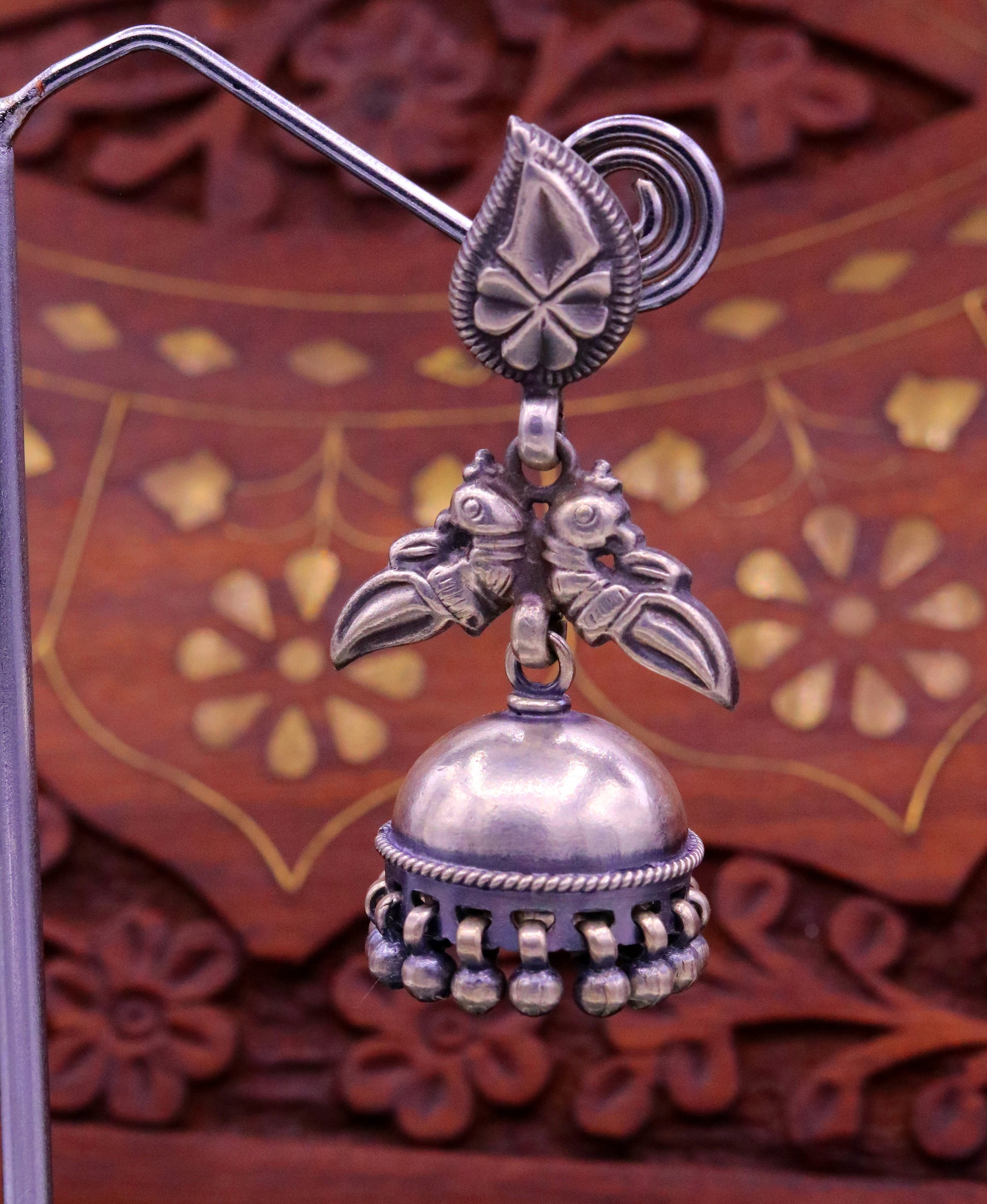 925 sterling silver vintage handmade parrot design stud earring with tribal jhumki style, lightweight bird motif jewelry.