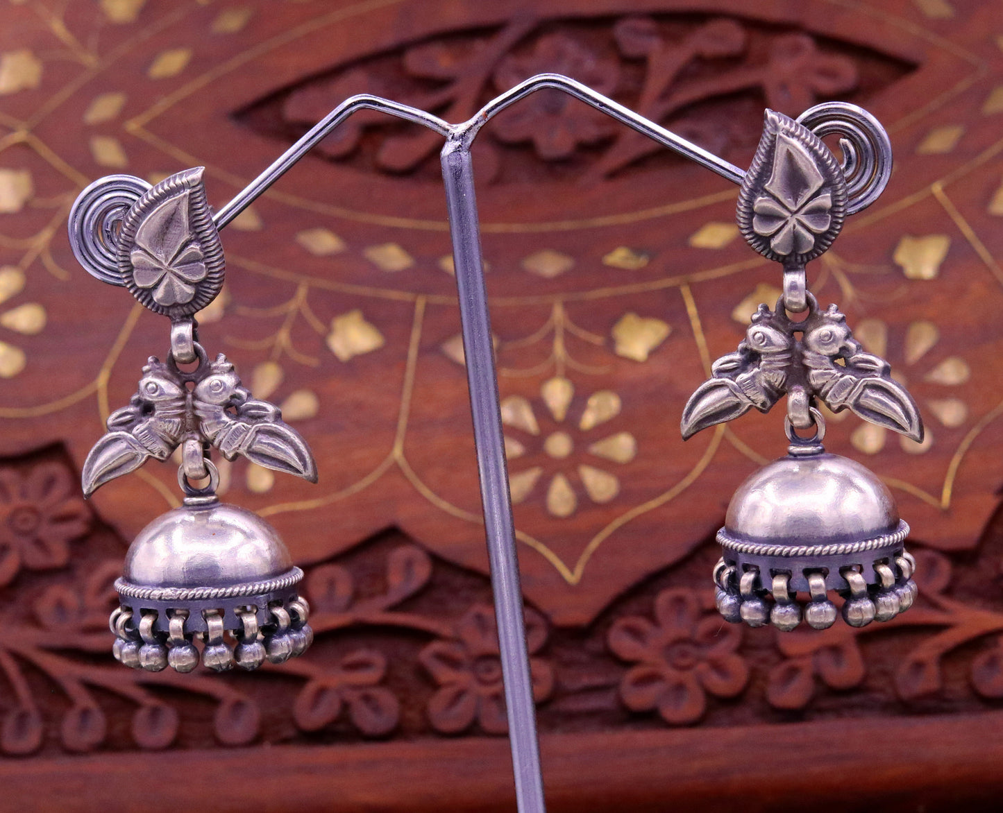 Sterling silver vintage parrot design stud earring, lightweight tribal jhumki with intricate bird motif for tribal dance jewelry.