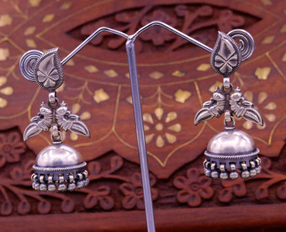 Sterling silver vintage parrot design stud earring, lightweight tribal jhumki with intricate bird motif for tribal dance jewelry.