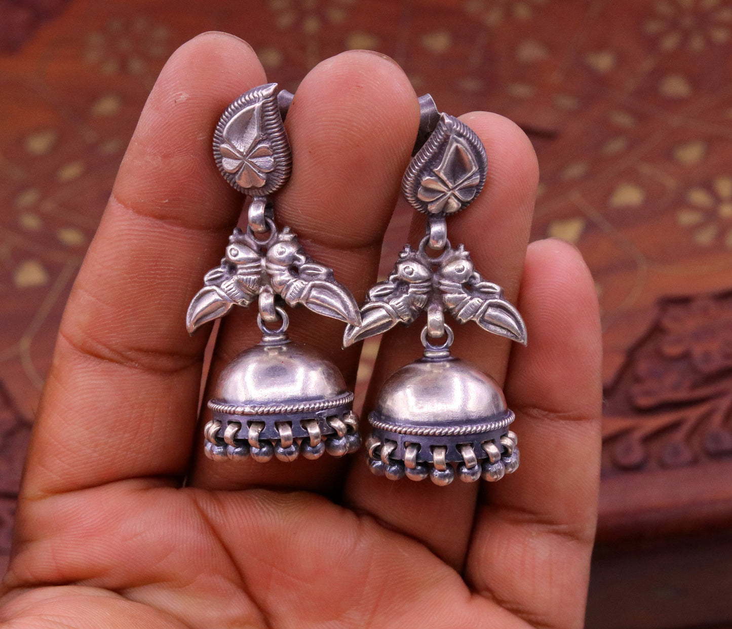 Sterling silver vintage handmade parrot stud earring with tribal design, lightweight jewelry for tribal dance and everyday wear.
