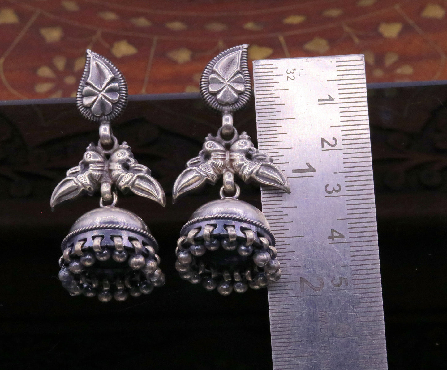 Sterling silver vintage parrot design stud earring by TRIBAL ORNAMENTS, lightweight tribal bird jhumki jewelry for belly dance.