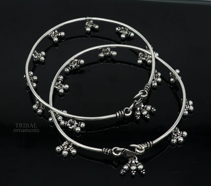 925 sterling silver Vintage antique design handmade plain foot kada with hanging drops ankle bracelet ethnic belly dance jewelry nsfk41 - TRIBAL ORNAMENTS