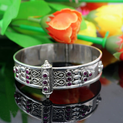 Sterling silver vintage tribal bangle bracelet with purple stone, stylish cuff design, perfect for brides and tribal jewelry styling.