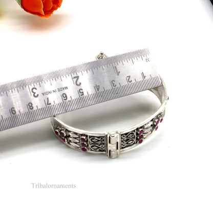 Sterling silver vintage tribal bangle bracelet with purple stone, stylish cuff design, perfect for brides or tribal jewelry style.