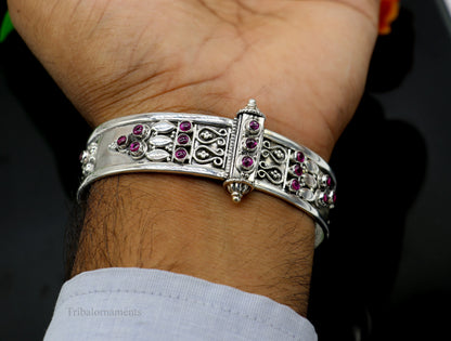 Sterling silver vintage tribal bangle bracelet with purple stone, stylish cuff design, suitable for brides and special occasions.