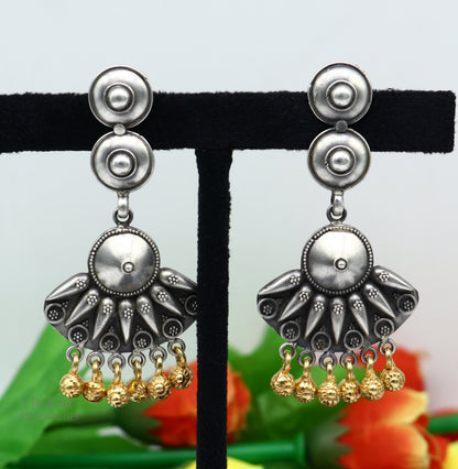 925 sterling silver vintage design traditional stud drop dangle earring with hanging gold polished jingling bells s gifting earrings ear1140 - TRIBAL ORNAMENTS