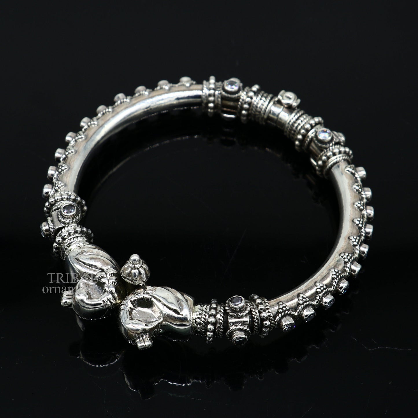 925 Sterling silver handmade vintage peacock design cubic zircon stone tribal ethnic belly dance bangle bracelet gifting kada Rnsk621 - TRIBAL ORNAMENTS