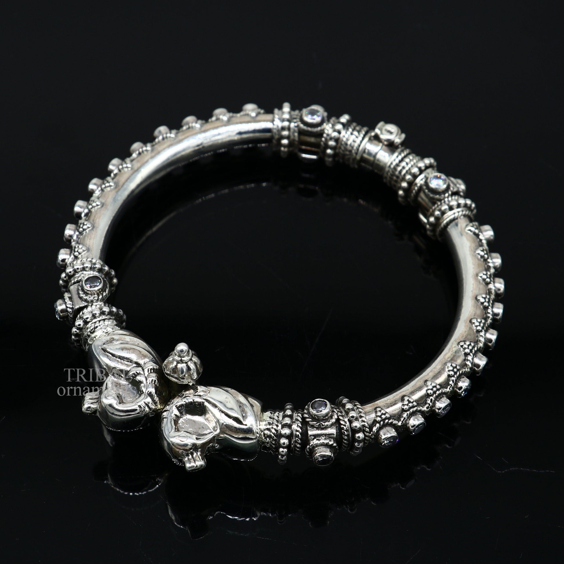925 Sterling silver handmade vintage peacock design cubic zircon stone tribal ethnic belly dance bangle bracelet gifting kada Rnsk621 - TRIBAL ORNAMENTS