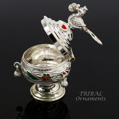 925 sterling silver vintage peacock design handmade brides eyes kajal box, surma box, kumkum sindur box, small trinket box article stb396 - TRIBAL ORNAMENTS