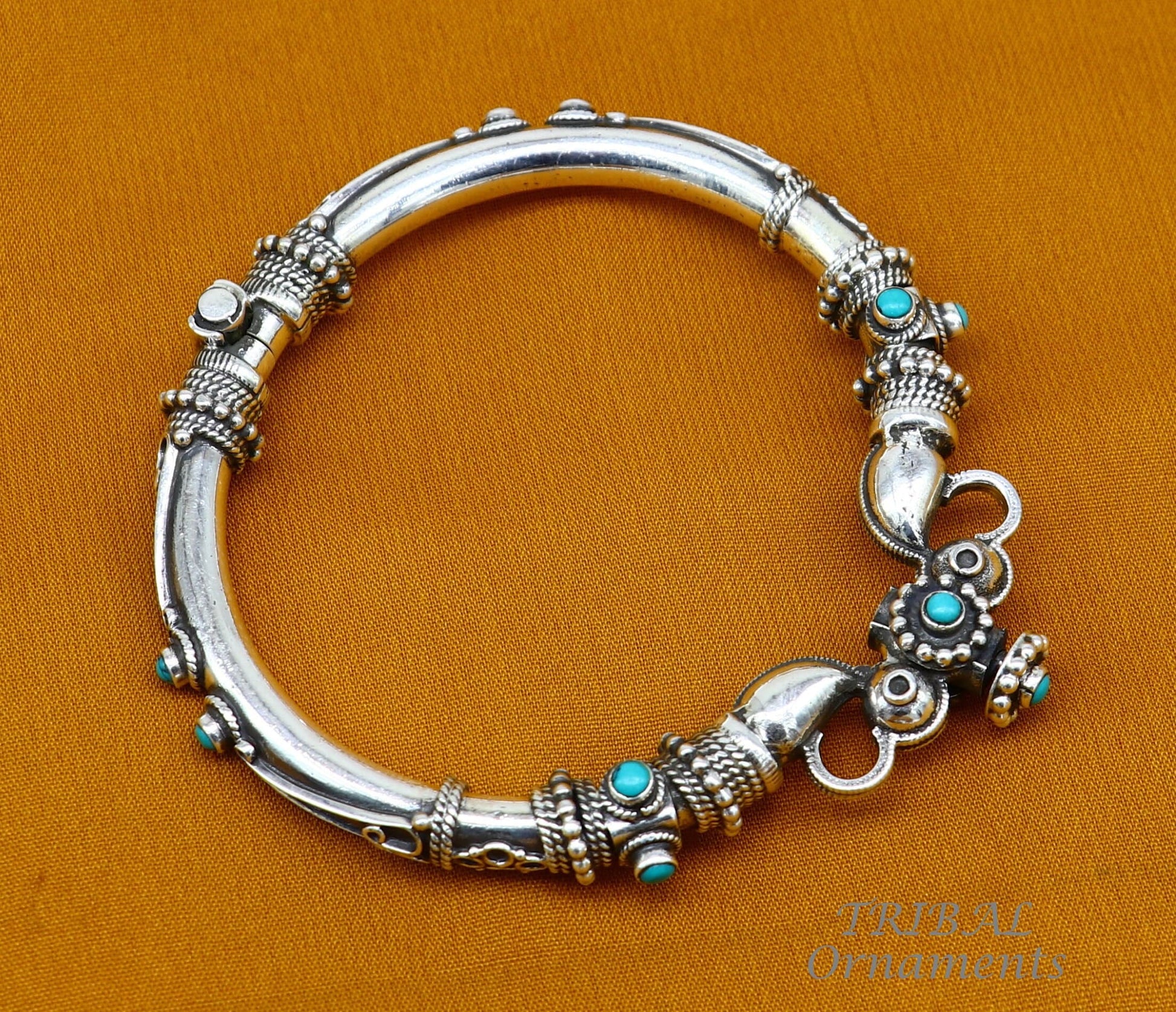Sterling silver tribal bangle with vintage peacock design and turquoise stone, ethnic jewelry by TRIBAL ORNAMENTS.