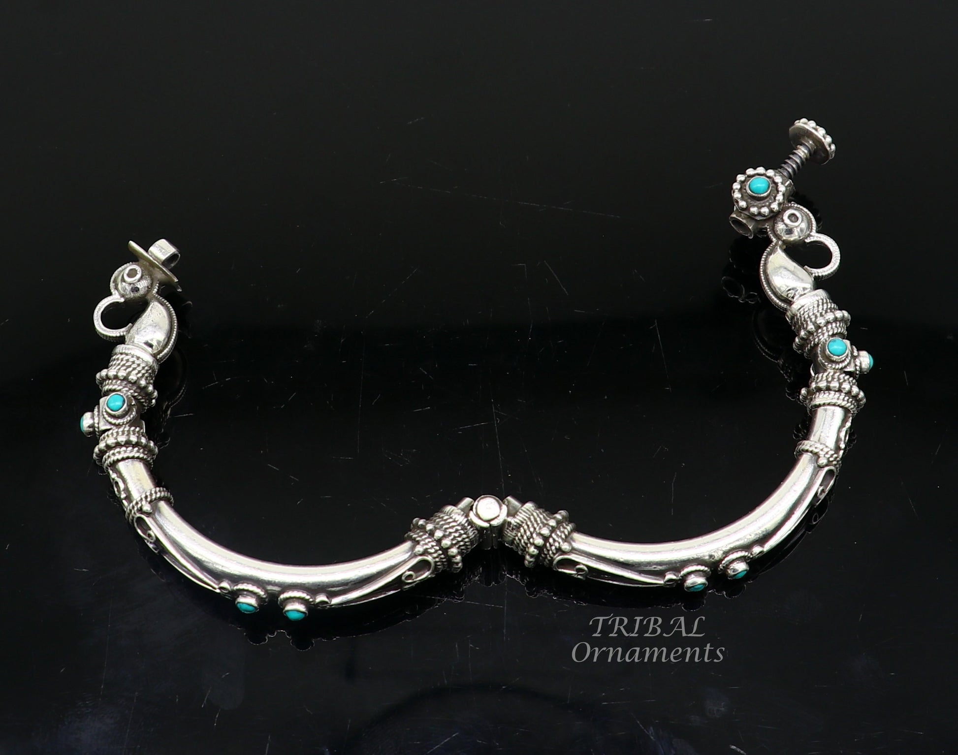 Sterling silver vintage peacock design bangle with turquoise stone, tribal ethnic jewelry by TRIBAL ORNAMENTS.