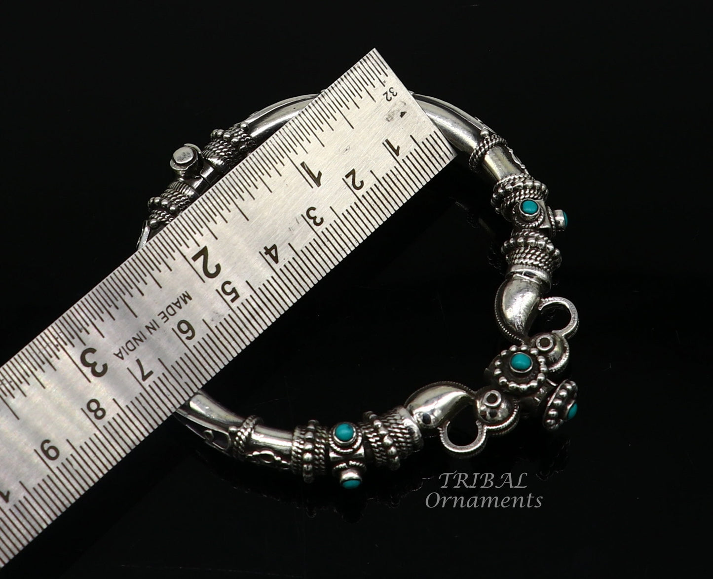 Vintage 925 sterling silver peacock design bangle with turquoise stone, tribal ethnic jewelry by TRIBAL ORNAMENTS.