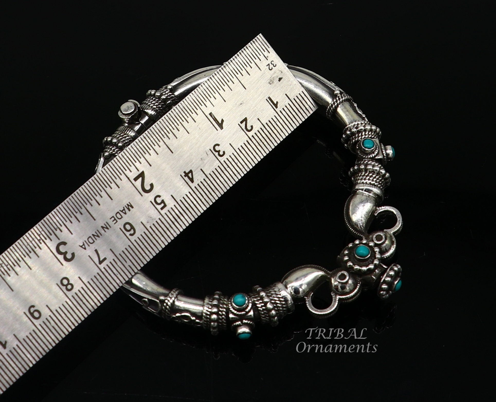 Vintage 925 sterling silver peacock design bangle with turquoise stone, tribal ethnic jewelry by TRIBAL ORNAMENTS.