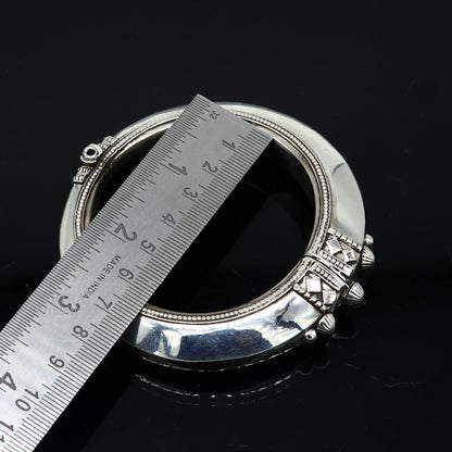 Sterling silver vintage open face cuff bracelet by TRIBAL ORNAMENTS, unisex ethnic jewelry with plain design and adjustable fit.