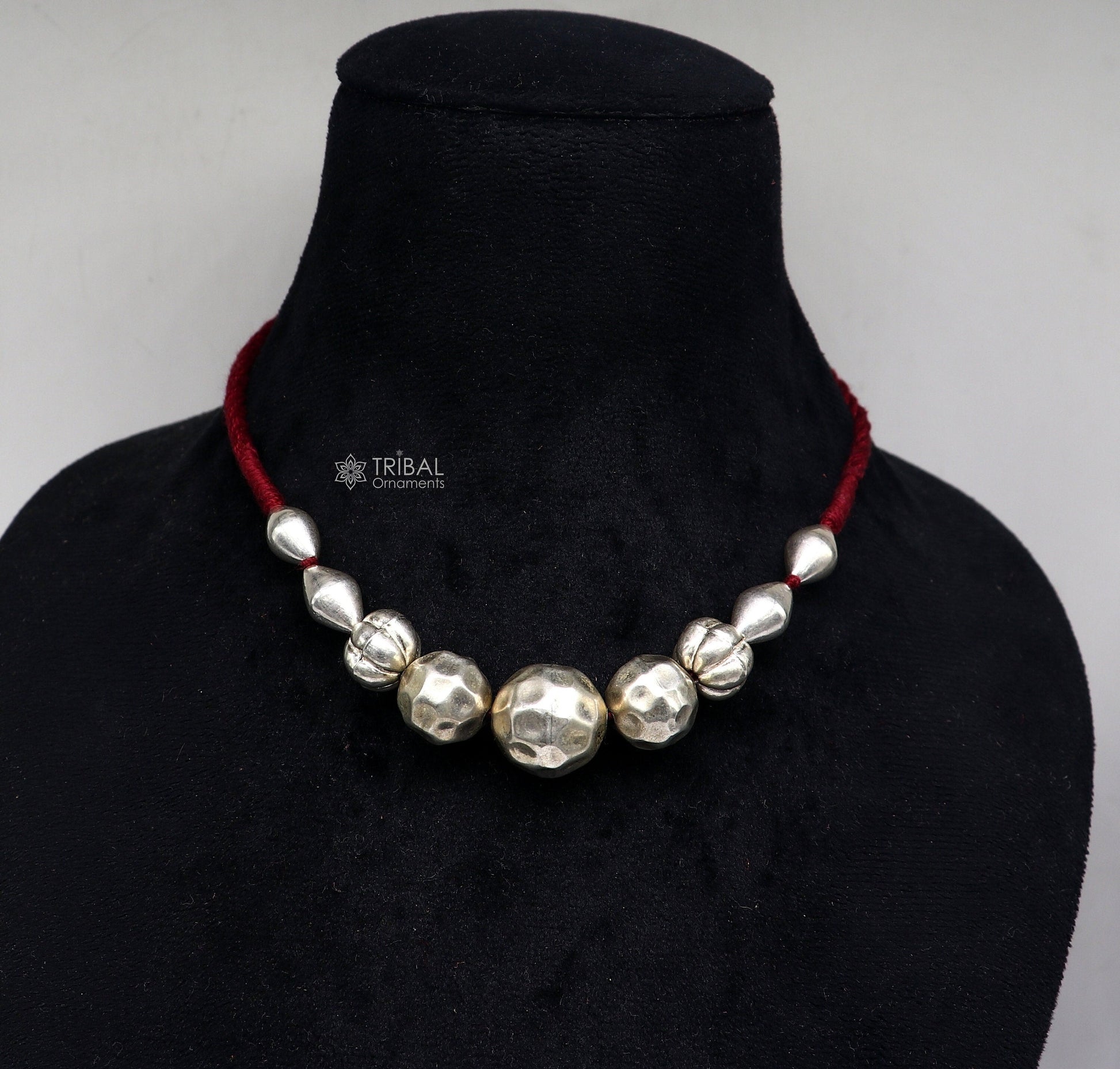 925 sterling silver vintage beaded necklace with tribal design, stylish ethnic choker suitable for brides and wedding jewelry.