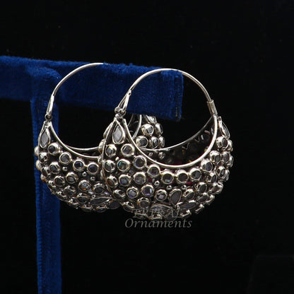 925 sterling silver amazing handmade vintage stylish crystal polki stone hoops earring, gorgeous brides belly dance jewelry s1096 - TRIBAL ORNAMENTS