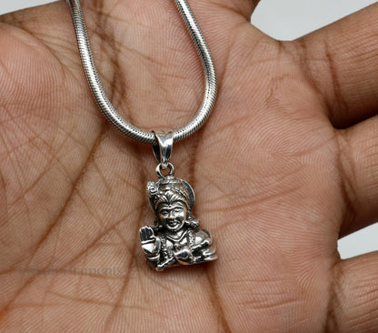 Vintage 925 sterling silver Divine Krishna pendant from TRIBAL ORNAMENTS, intricate Hindu idol jewelry for gifting or personal wear.