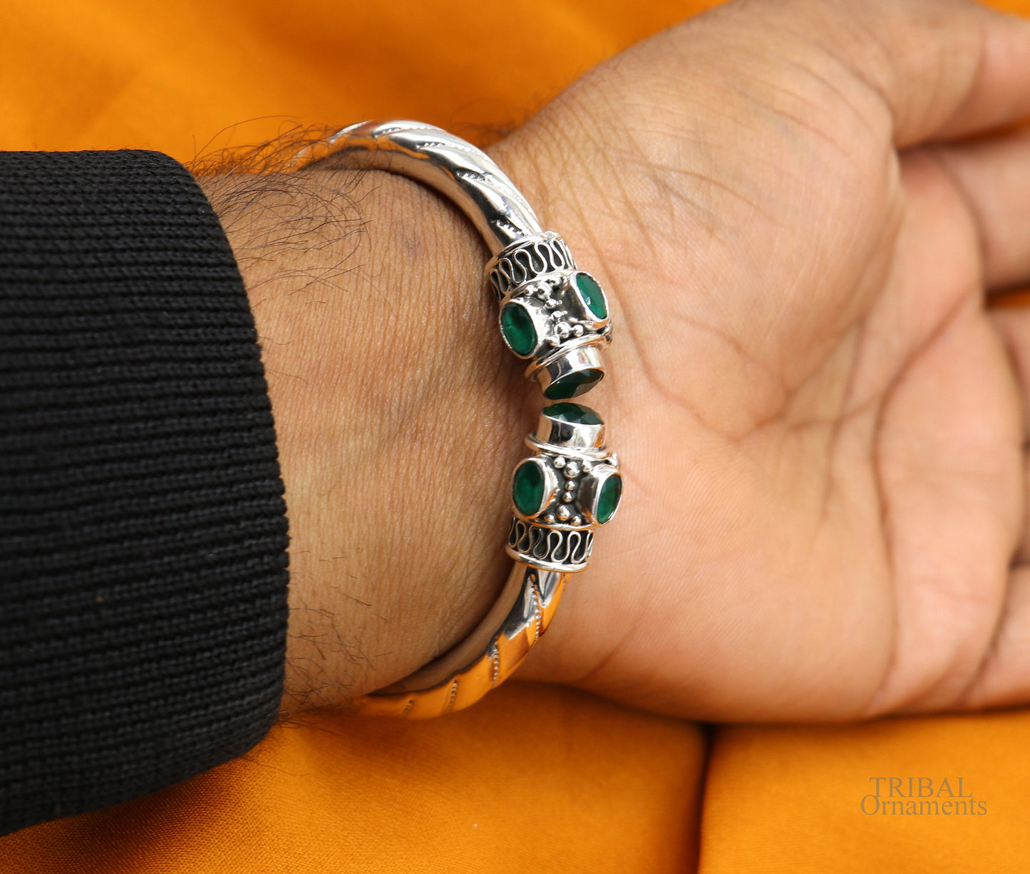 925 sterling silver vintage traditional style stone jadau handmade bangle bracelet kada unisex jewelry best gift from india nsk411 - TRIBAL ORNAMENTS