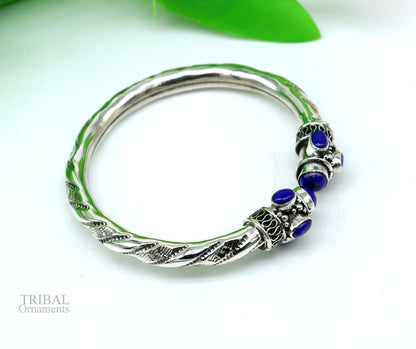 Vintage style 925 sterling silver stone jadau bangle bracelet by TRIBAL ORNAMENTS, unisex traditional jewelry with intricate design.