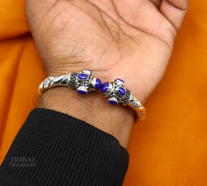 Vintage-style 925 sterling silver jadau bangle bracelet with intricate stone inlay, unisex traditional jewelry from Tribal Ornaments.