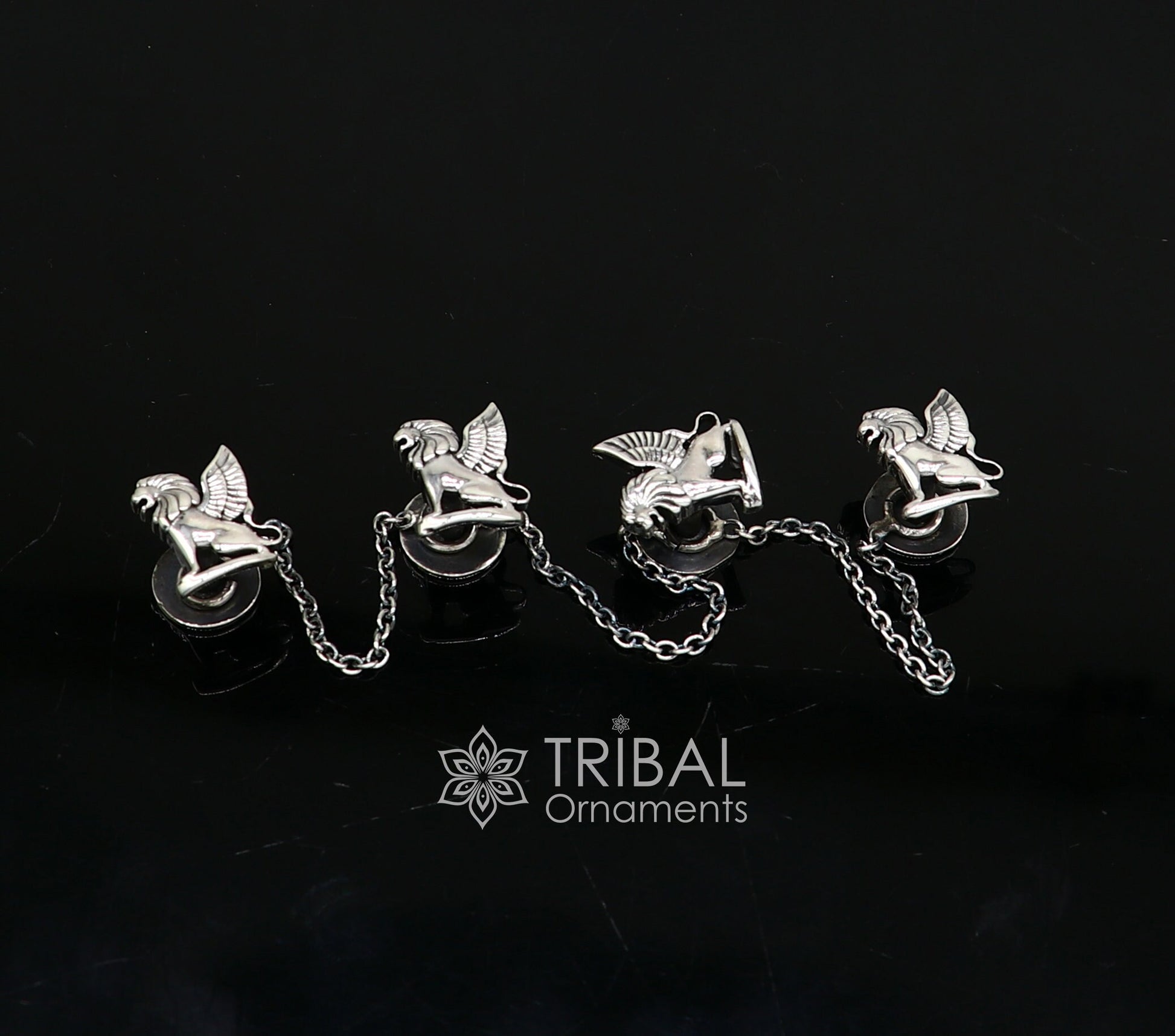 925 Sterling Silver winged lion design set of 4 kurta Buttons for Fashion Perfection, silver cufflinks, cultural trendy jewelry btn34 - TRIBAL ORNAMENTS