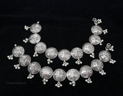 Sterling silver vintage parrot bird style anklet with hanging drops, handmade tribal jewelry for belly dance from TRIBAL ORNAMENTS