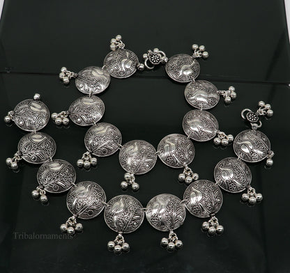 Sterling silver handmade anklet with vintage parrot bird design, hanging drops, tribal style belly dance jewelry by TRIBAL ORNAMENTS