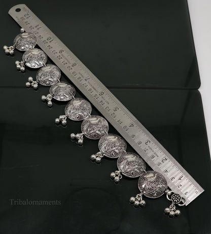 Vintage sterling silver parrot bird-style anklets with hanging drops, handmade belly dance jewelry by TRIBAL ORNAMENTS.