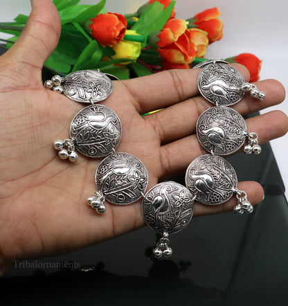 Sterling silver vintage parrot bird style anklet with hanging drops, handmade tribal jewelry perfect for belly dance accessories.